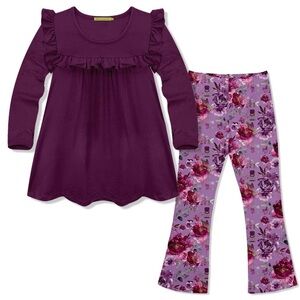 Girls Plum Ruffle Long-Sleeve Top & Floral Flare Leggings